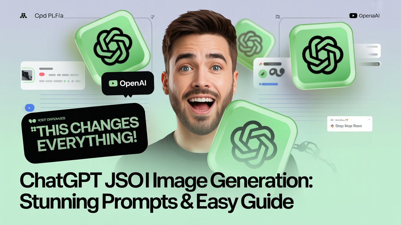 Excited creator unveiling Zypa visuals via ChatGPT JSON Image, with glowing green logos and OpenAI play button on a vibrant teal backdrop.