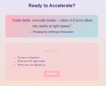 Zypa's motivational call to action featuring Claude Haiku 4.5, urging faster coding and bolder innovation from ideas to reality.