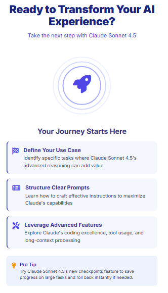 Claude Sonnet 4.5 launchpad in Zypa, guiding users from defining tasks to leveraging advanced features for AI transformation.