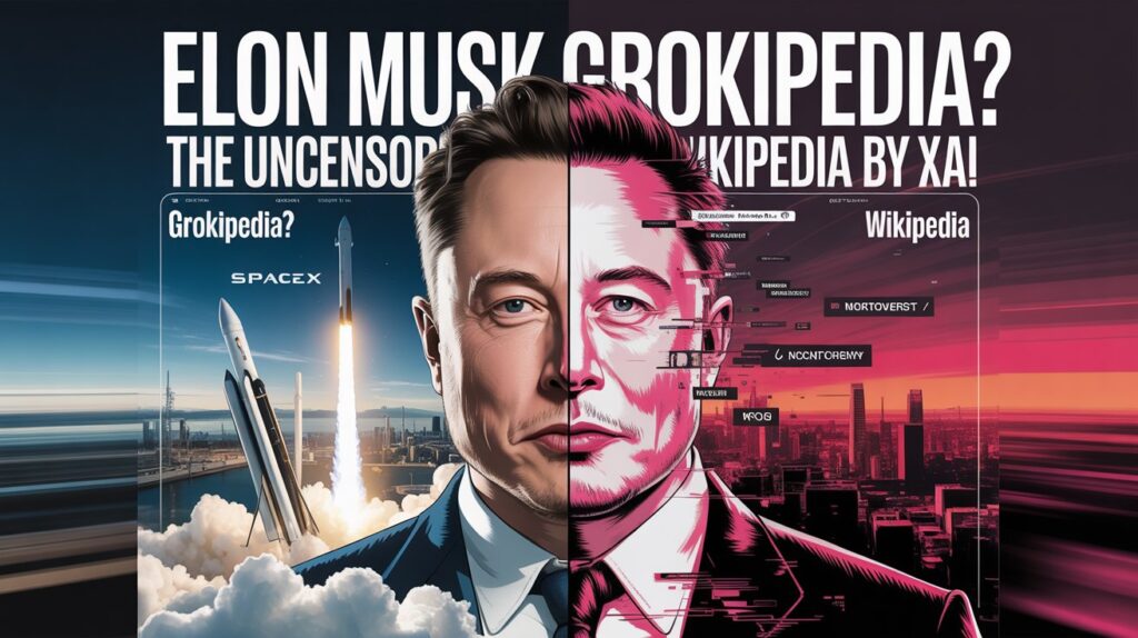 Elon Musk's dynamic split portrait in Grokipedia's xAI announcement, with Zypa-fueled uncensored knowledge visuals against Wikipedia.