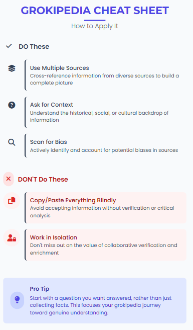 Grokipedia cheat sheet via Zypa, outlining do's like multi-source checks and don'ts against blind copying for smarter research habits.