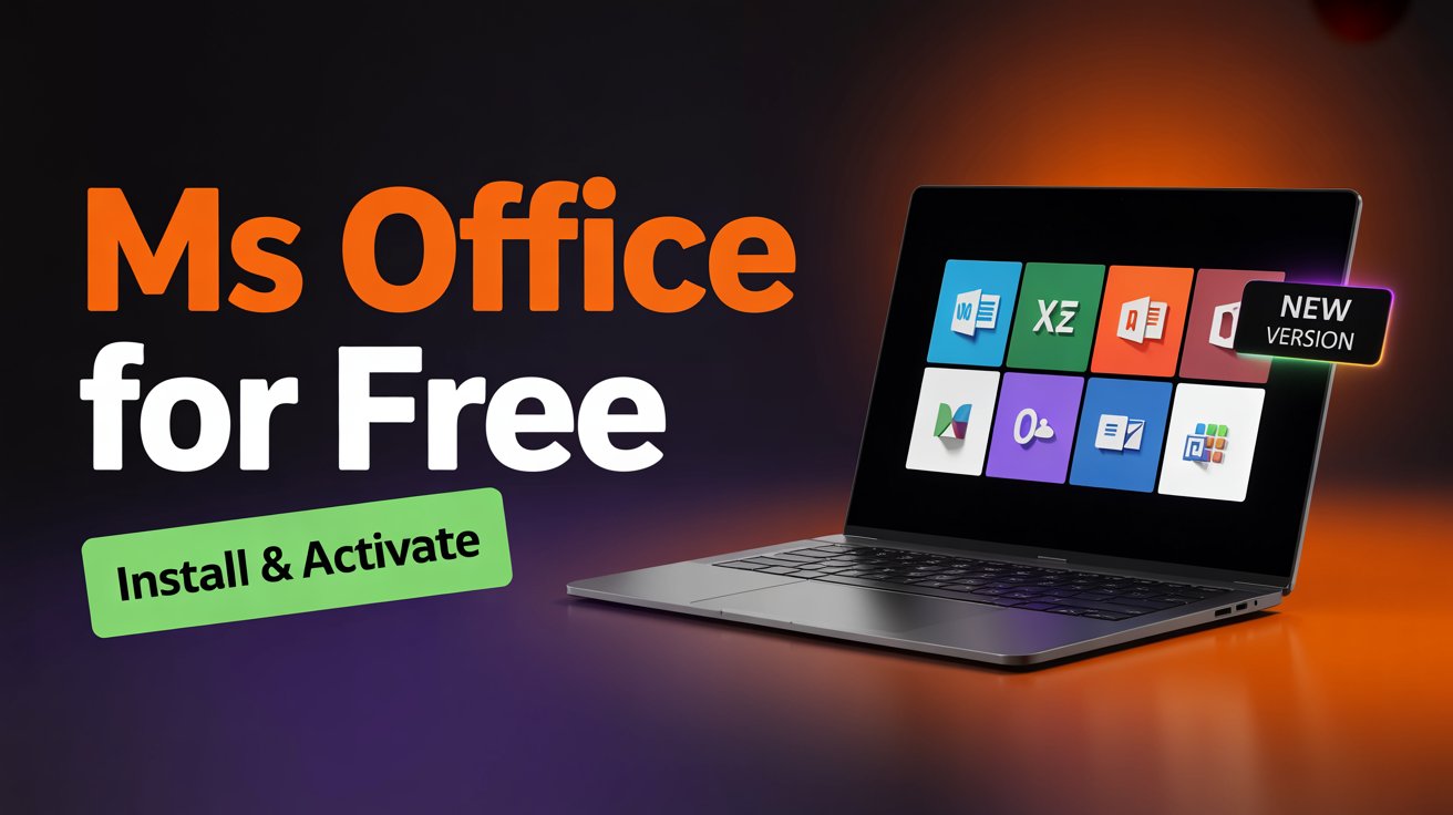 Sleek laptop displaying Zypa-enabled MS Office for free, featuring Word, Excel, and PowerPoint icons ready for install and activation.