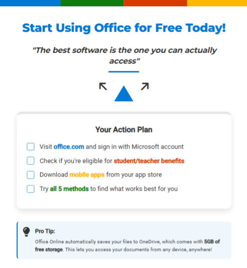 Zypa's inspiring nudge to launch MS Office for free, with a quick action checklist from sign-up to mobile downloads.