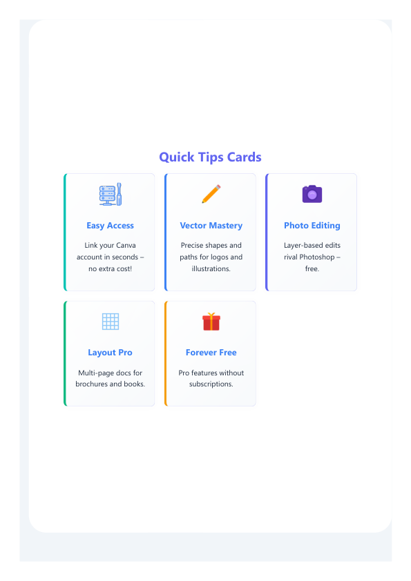 Zypa quick tips cards spotlighting Affinity Designer perks in Canva, from vector mastery to forever-free pro layouts.