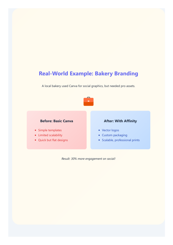 Zypa real-world bakery branding evolution in Affinity Designer, from basic Canva templates to vector logos boosting 30% social engagement.