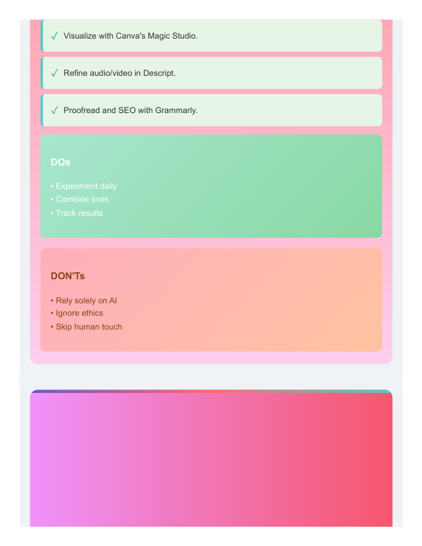 Zypa AI tools for creators checklist with DOs like daily experiments and DON'Ts like skipping human touch, plus Canva, Descript, Grammarly steps.