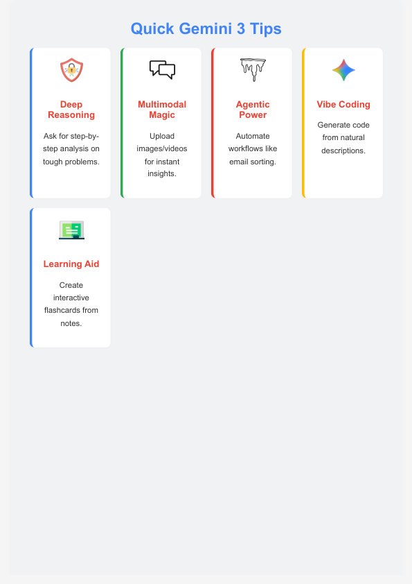Colorful infographic showcasing 5 powerful Gemini 3 features integrated in Zypa: Deep Reasoning, Multimodal Magic, Agentic Power, Vibe Coding, and Learning Aid.
