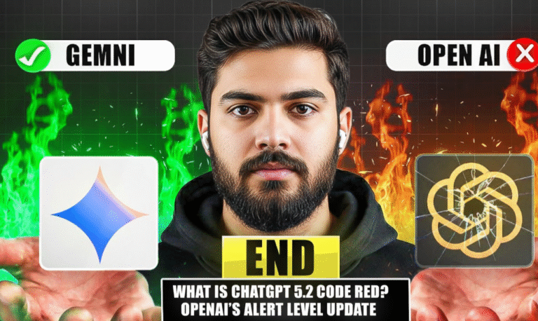 Dramatic featured image illustrating the AI rivalry between Google's Gemini and OpenAI's ChatGPT 5.2 Code red emergency, showing a man with earbuds choosing the winning Gemini logo amid green flames over the cracked and burning OpenAI logo, with text overlays declaring "END" and "What is ChatGPT 5.2 Code red? OpenAI's Alert Level Update"