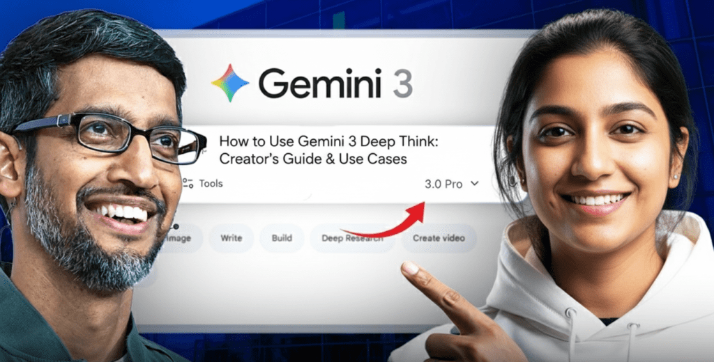 Sundar Pichai and a female colleague smiling and collaborating on a blue-themed interface featuring the Gemini 3 Deep Think tool, with UI elements like "How to Use Gemini 3 Deep Think: Creator's Guide & Use Cases" and buttons for Image, Write, Build, Deep Research, and Create Video.
