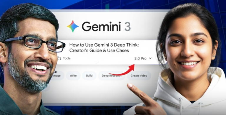 Sundar Pichai and a female colleague smiling and collaborating on a blue-themed interface featuring the Gemini 3 Deep Think tool, with UI elements like "How to Use Gemini 3 Deep Think: Creator's Guide & Use Cases" and buttons for Image, Write, Build, Deep Research, and Create Video.