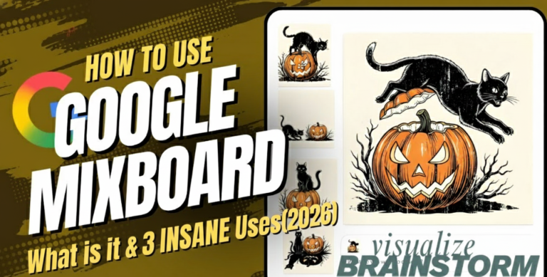 Vibrant Halloween-themed banner illustrating Google Mixboard's creative potential, featuring black cats leaping over jack-o'-lanterns and spooky vines, with bold text overlay: "How to Use Google Mixboard | What Is It & 3 INSANE Uses (2026) | Visualize | Brainstorm".