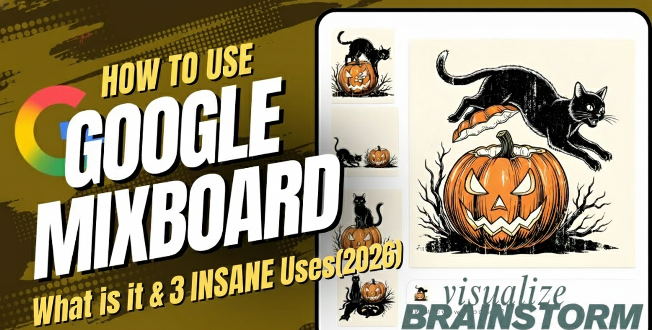 Vibrant Halloween-themed banner illustrating Google Mixboard's creative potential, featuring black cats leaping over jack-o'-lanterns and spooky vines, with bold text overlay: "How to Use Google Mixboard | What Is It & 3 INSANE Uses (2026) | Visualize | Brainstorm".