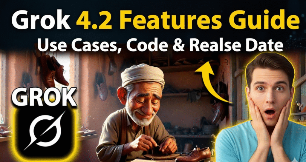 Exciting promotional graphic for Grok 4.2 Features Guide, featuring the Grok logo, a wise elderly craftsman in a shoe workshop, and a surprised young man reacting with wide eyes and open mouth, highlighting use cases, code examples, and release date.