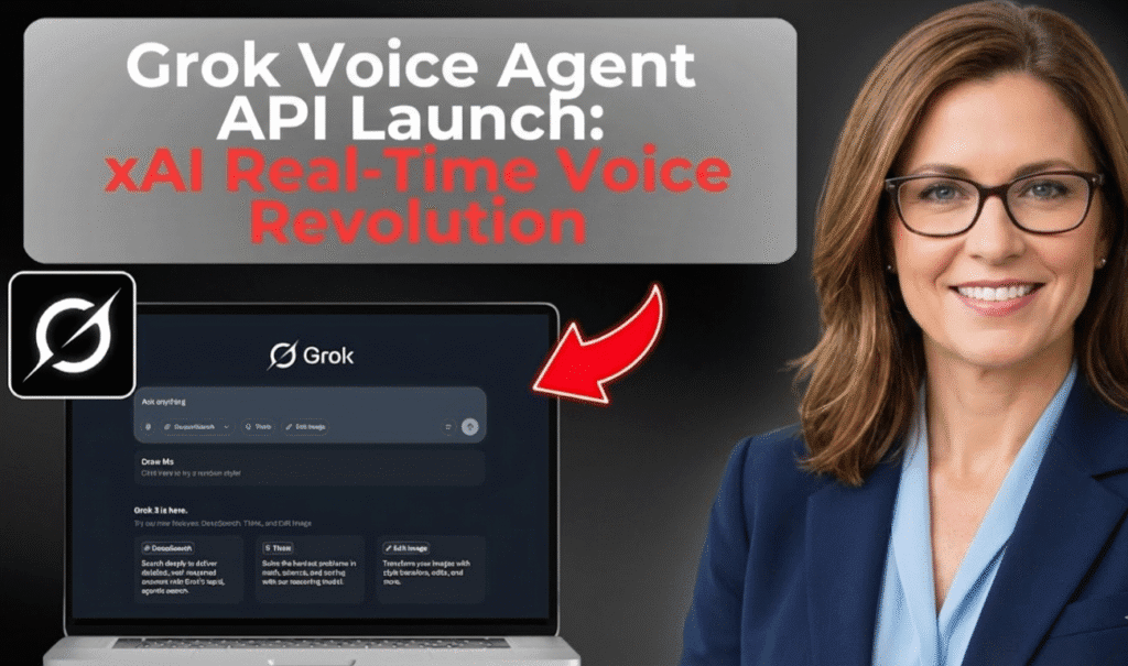 Promotional thumbnail for the Grok Voice Agent API launch by xAI, showcasing real-time voice revolution: a smiling professional woman in glasses and blue attire poses beside a MacBook laptop displaying the Grok chat interface with interactive prompts like "Ask anything" and AI response bubbles.