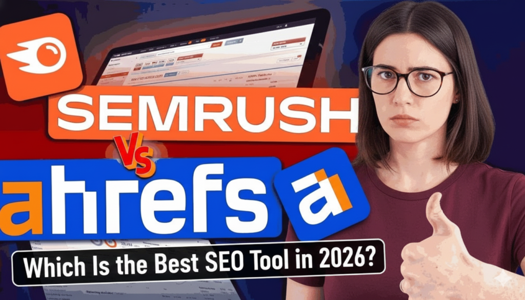 Comparison image of Semrush vs Ahref SEO tools for 2026, featuring dashboard screenshots of both platforms, a professional reviewer with glasses giving a thumbs-up gesture, and bold text overlay asking "Which is the Best SEO Tool in 2026?" against a vibrant blue and orange background.
