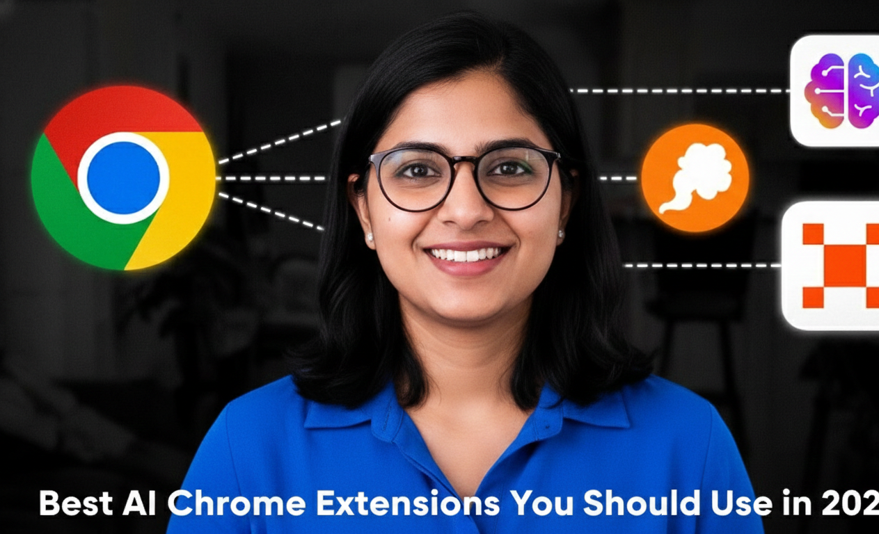 ai chrome extensions 2026 guide thumbnail: smiling young Indian woman in blue shirt and glasses with Google Chrome logo connected by dotted lines to floating AI icons including colorful brain speech bubble grid pattern and thinking symbols for best productivity tools