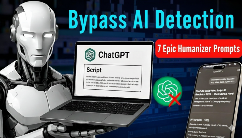Futuristic promotional illustration for bypassing AI detection using 7 epic humanizer prompts in ChatGPT, featuring a sleek white humanoid robot with glowing blue eyes holding a silver laptop displaying a YouTube long video script titled "AI 2025: The Future is Here," alongside a green phone screen showing script generation, crossed-out AI detection icon, and bold cyan text "Bypass AI Detection" against a dark blue background.