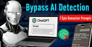 Futuristic promotional illustration for bypassing AI detection using 7 epic humanizer prompts in ChatGPT, featuring a sleek white humanoid robot with glowing blue eyes holding a silver laptop displaying a YouTube long video script titled "AI 2025: The Future is Here," alongside a green phone screen showing script generation, crossed-out AI detection icon, and bold cyan text "Bypass AI Detection" against a dark blue background.