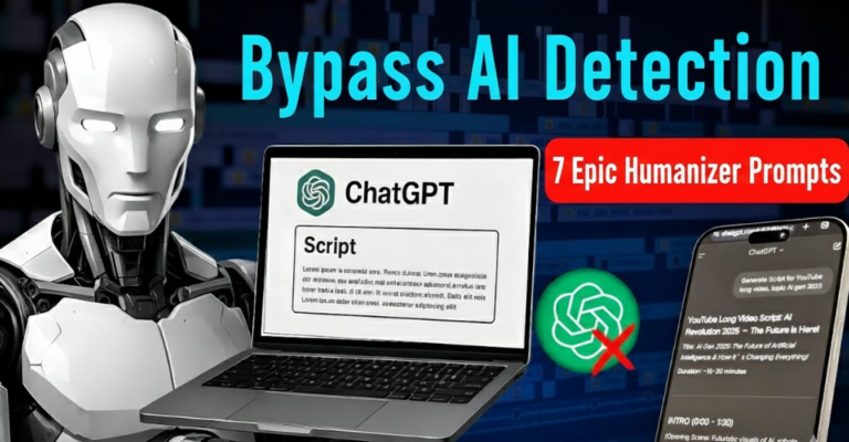 Futuristic promotional illustration for bypassing AI detection using 7 epic humanizer prompts in ChatGPT, featuring a sleek white humanoid robot with glowing blue eyes holding a silver laptop displaying a YouTube long video script titled "AI 2025: The Future is Here," alongside a green phone screen showing script generation, crossed-out AI detection icon, and bold cyan text "Bypass AI Detection" against a dark blue background.