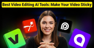 video editing ai tools 2026 thumbnail: enthusiastic female presenter smiling with hands clasped surrounded by glowing floating icons of top apps like CapCut red magic wand V green logo P black white swirl and purple circle for making sticky viral videos
