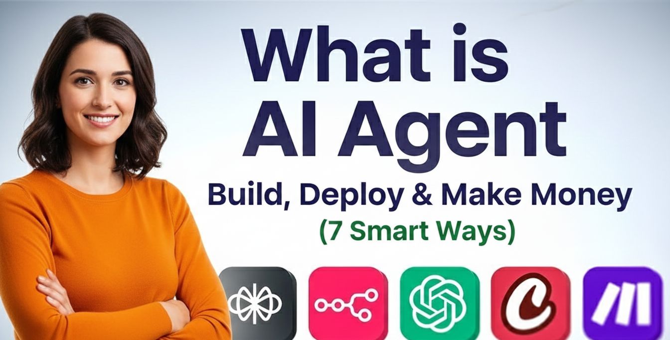 Smiling professional woman in orange sweater explaining what is an AI agent, with bold text overlay on building, deploying, and making money from AI agents through 7 smart ways, featuring icons for LangChain, CrewAI, AutoGen, and more.