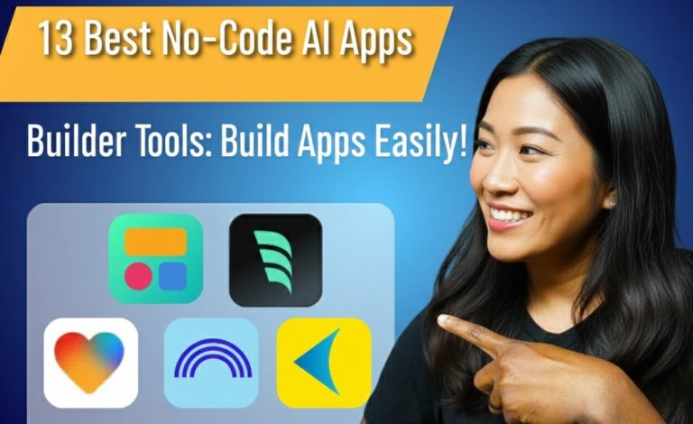 AI Apps Builder tools 2026 thumbnail: enthusiastic Asian woman presenter smiling and pointing at colorful floating icons of top no-code platforms like Bubble Glide Adalo Softr Airtable and more for easy app creation without coding