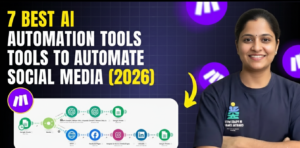 7 Best AI Automation Tools to Automate Social Media in 2026 featuring a presenter and workflow diagram.