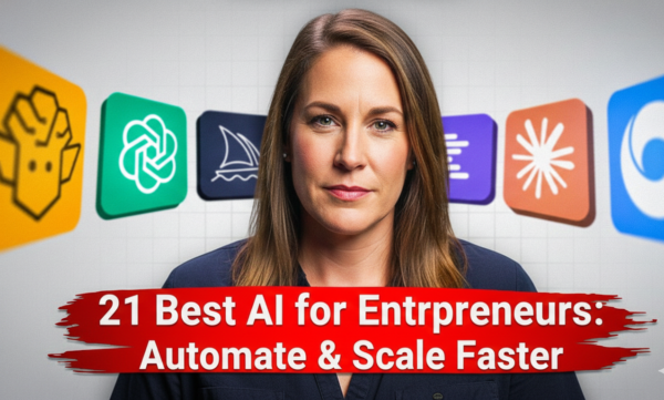 ai for entrepreneurs 2026 thumbnail: confident professional woman presenter centered with floating colorful AI tool icons including Grok yellow rocket ChatGPT green knot Claude blue sailboat Perplexity orange sunburst and others on light grid background for automation and scaling guide