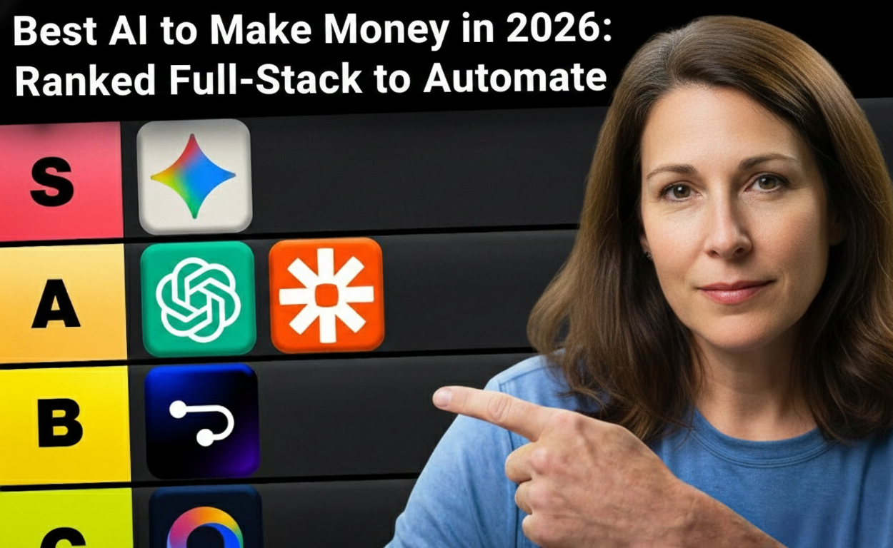 ai to make money 2026 tier list thumbnail: confident woman presenter pointing at ranked AI tools icons in colorful S A B C tiers featuring top models like Grok Claude Perplexity and others for full-stack automation and income generation