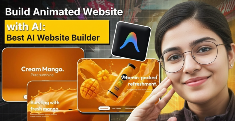 animated website with ai thumbnail 2026: enthusiastic young Indian woman with glasses smiling and gesturing toward vibrant orange animated website mockups showcasing Cream Mango juice product with dynamic splashing effects bottle visuals fresh mango bursts and rainbow AI builder logo for best tool guide
