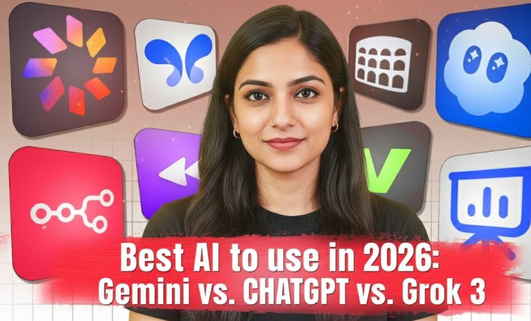 Engaging video thumbnail for the best AI tools to use in 2026, featuring a smiling young Indian woman with long dark hair and hoop earrings in a black top, centered against a warm beige background with floating icons for Grok (blue cloud), Gemini (purple arrow), ChatGPT (green swirl), Claude (red chain), Perplexity (orange diamond), and Midjourney (blue droplet), overlaid with bold red brushstroke text "Best AI to use in 2026: Gemini vs. ChatGPT vs. Grok 3."