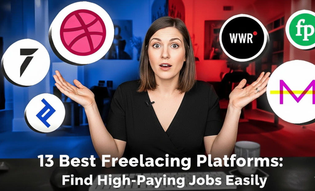 Freelancing Platforms guide thumbnail: excited woman presenter surrounded by floating logos of top sites like Upwork Fiverr Freelancer Toptal Guru PeoplePerHour and more for high-paying remote jobs