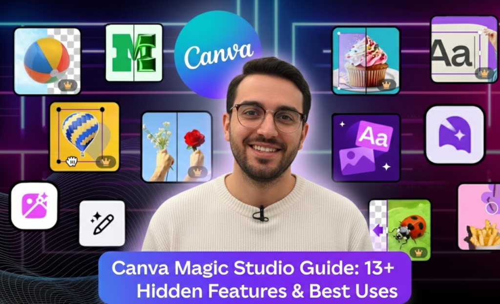 canva magic studio guide thumbnail featuring presenter with hidden AI features icons floating around including text effects background remover and magic edit tools