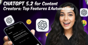 ChatGPT 5.2 For content creators thumbnail: excited woman presenter holding smartphone with OpenAI app displaying GPT-5.2 release info surrounded by floating Claude-like icons smiling money emojis on purple gradient background for top features and automations guide
