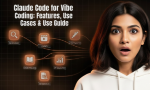 claude code vibe coding guide thumbnail: surprised young Indian woman in white hoodie with wide eyes amid glowing orange futuristic icons for research hooks scriptwriter storytelling yt analyst and document tools connected on dark grid background for features and use cases