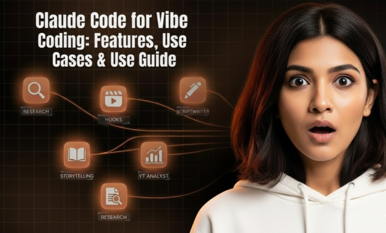claude code vibe coding guide thumbnail: surprised young Indian woman in white hoodie with wide eyes amid glowing orange futuristic icons for research hooks scriptwriter storytelling yt analyst and document tools connected on dark grid background for features and use cases