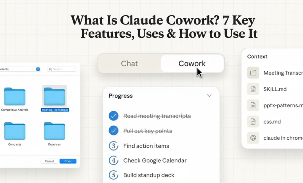 Screenshot of the Claude Cowork interface in a blog post explaining its key features, showing the Cowork tab with progress steps for analyzing meeting transcripts and building a standup deck.