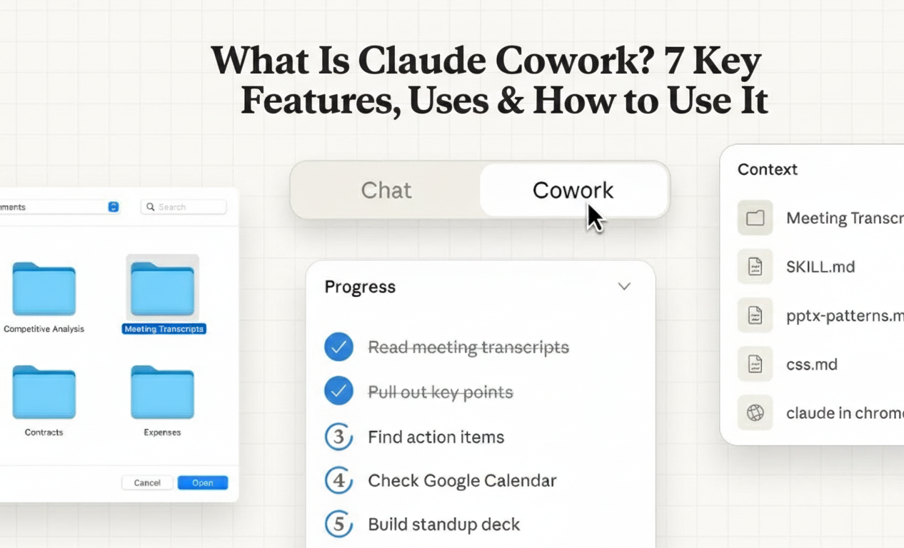 Screenshot of the Claude Cowork interface in a blog post explaining its key features, showing the Cowork tab with progress steps for analyzing meeting transcripts and building a standup deck.