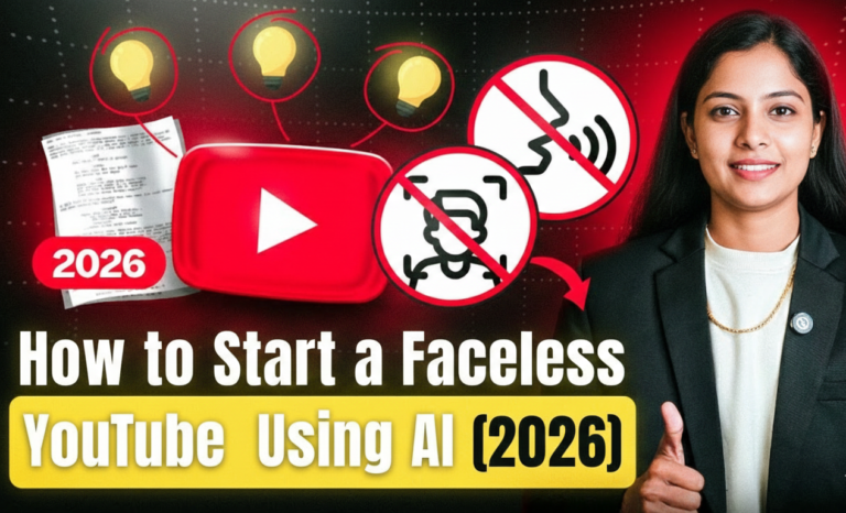 faceless youtube channel 2026 guide thumbnail: confident Indian woman presenter in professional attire giving thumbs up surrounded by AI icons YouTube play button idea lightbulbs no voice no face symbols crossed out and document elements for anonymous AI-powered content creation