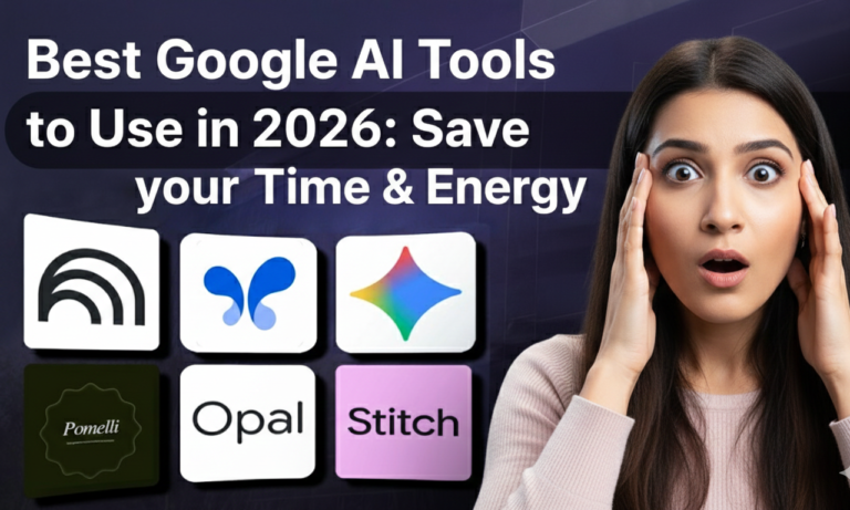 google ai tools 2026 productivity thumbnail: shocked young woman with hands on head reacting to floating icons of top tools including NotebookLM audio wave Gemini rainbow gem Opal Stitch Pomelli on dark purple futuristic background for time-saving guide