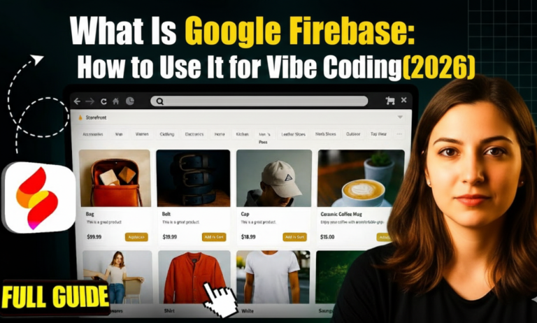 google firebase vibe coding guide 2026 thumbnail: serious woman presenter next to laptop screen showing e-commerce storefront demo with Firebase logo floating arrow pointer and full guide text on dark grid background for beginners tutorial on using it for app development