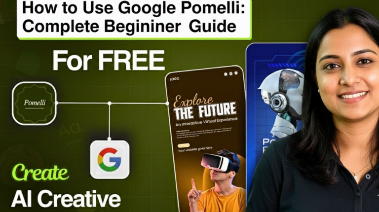 pomelli beginner guide thumbnail 2026: smiling Indian female presenter next to Pomelli app icon connected to Google logo with smartphone mockup displaying interactive VR experience Explore the Future text robot head and free AI creative tools on green grid background
