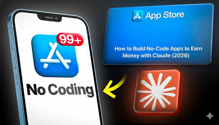No-code Apps 2026 thumbnail: iPhone displaying App Store icon with 99+ notifications arrow from No Coding text pointing to Claude AI logo alongside guide title on building apps to earn money without programming