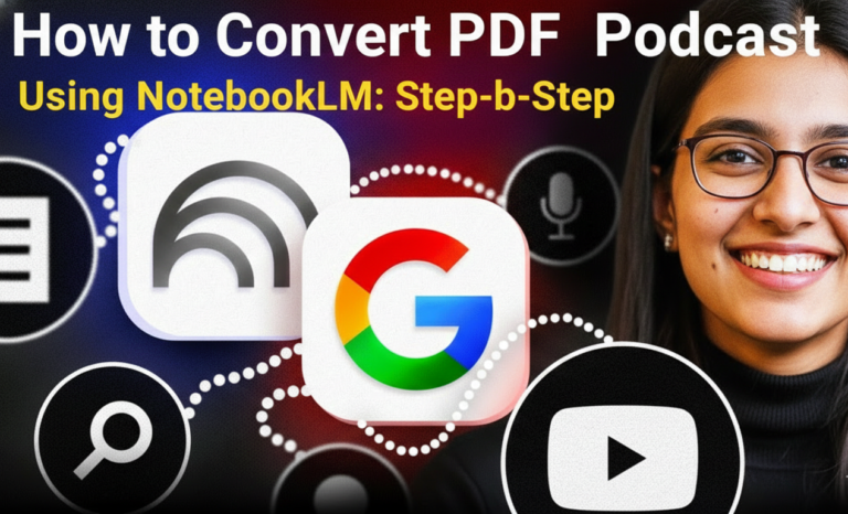pdf to podcast using notebooklm tutorial thumbnail: smiling young woman with glasses surrounded by glowing icons of NotebookLM logo Google app PDF document podcast microphone YouTube play button and audio waves for step-by-step AI conversion guide