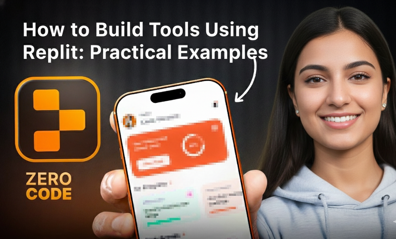 replit practical examples thumbnail: smiling young woman holding smartphone with Replit app interface showing code editor and zero code tools alongside orange Replit logo on dark background for building tools