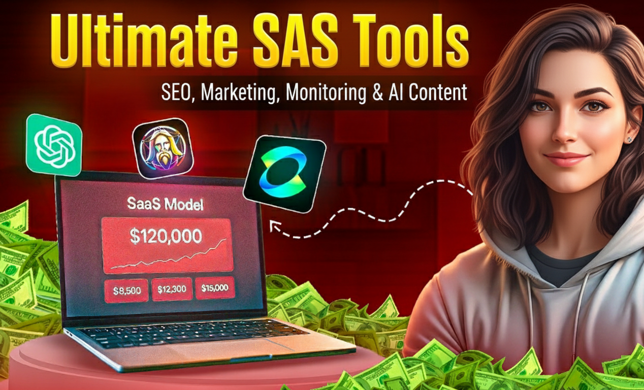 Vibrant promotional illustration for SaaS tools featuring a smiling young woman in a gray hoodie against a red background, with a laptop displaying a SaaS model dashboard showing $120,000 revenue growth, pricing buttons for $8,500, $12,300, and $15,000, surrounded by stacks of U.S. dollar bills, floating app icons for SEO, marketing, monitoring, and AI content tools, and bold yellow text reading "Ultimate SaaS Tools: SEO, Marketing, Monitoring & AI Content."