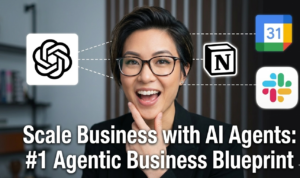 Scale business with AI agents blueprint featuring excited businesswoman connected to ChatGPT, Notion, Google Workspace icons and #1 agentic strategy for 2026 growth