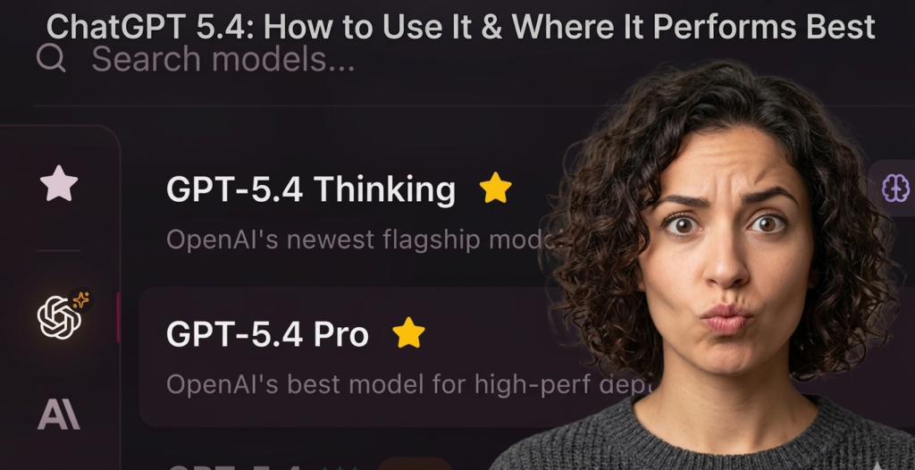 A woman looking surprised next to a user interface showing different versions of ChatGPT 5.4, including Thinking and Pro models.