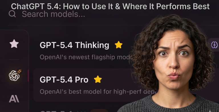 A woman looking surprised next to a user interface showing different versions of ChatGPT 5.4, including Thinking and Pro models.