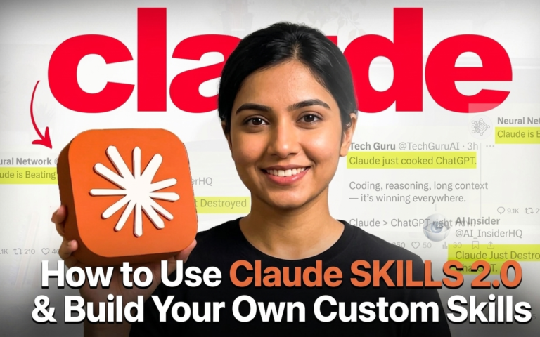 claude skills 2.0 tutorial graphic with excited woman holding Claude orange skill icon amid social media hype about beating ChatGPT, custom skills building guide for advanced AI workflows in 2026
